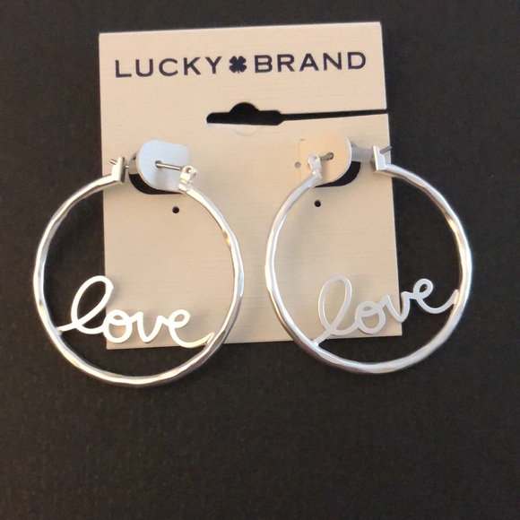 Lucky Brand Silver Tone Hoop Earrings Love In Cursive Script NWT - Picture 8 of 10